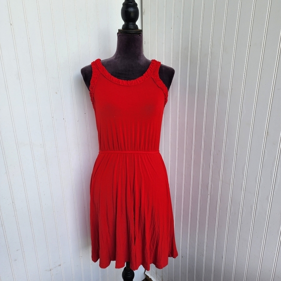 Loft Ann Taylor Dress Stretch Red Sleeveless Pleated Knee Lenght Soft Rayon XSP - Picture 1 of 13